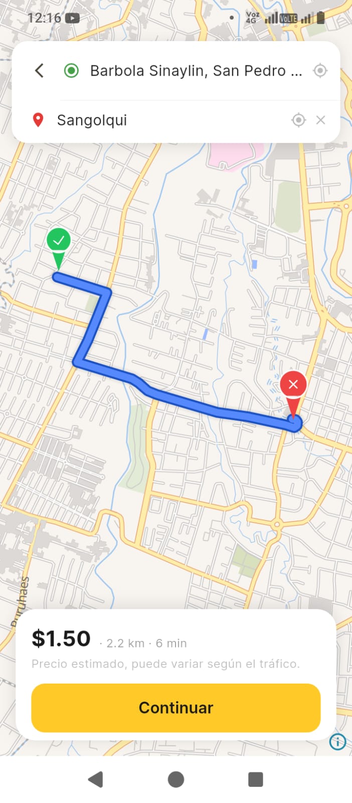 Pantalla de Pana Taxi: ruta y precio
